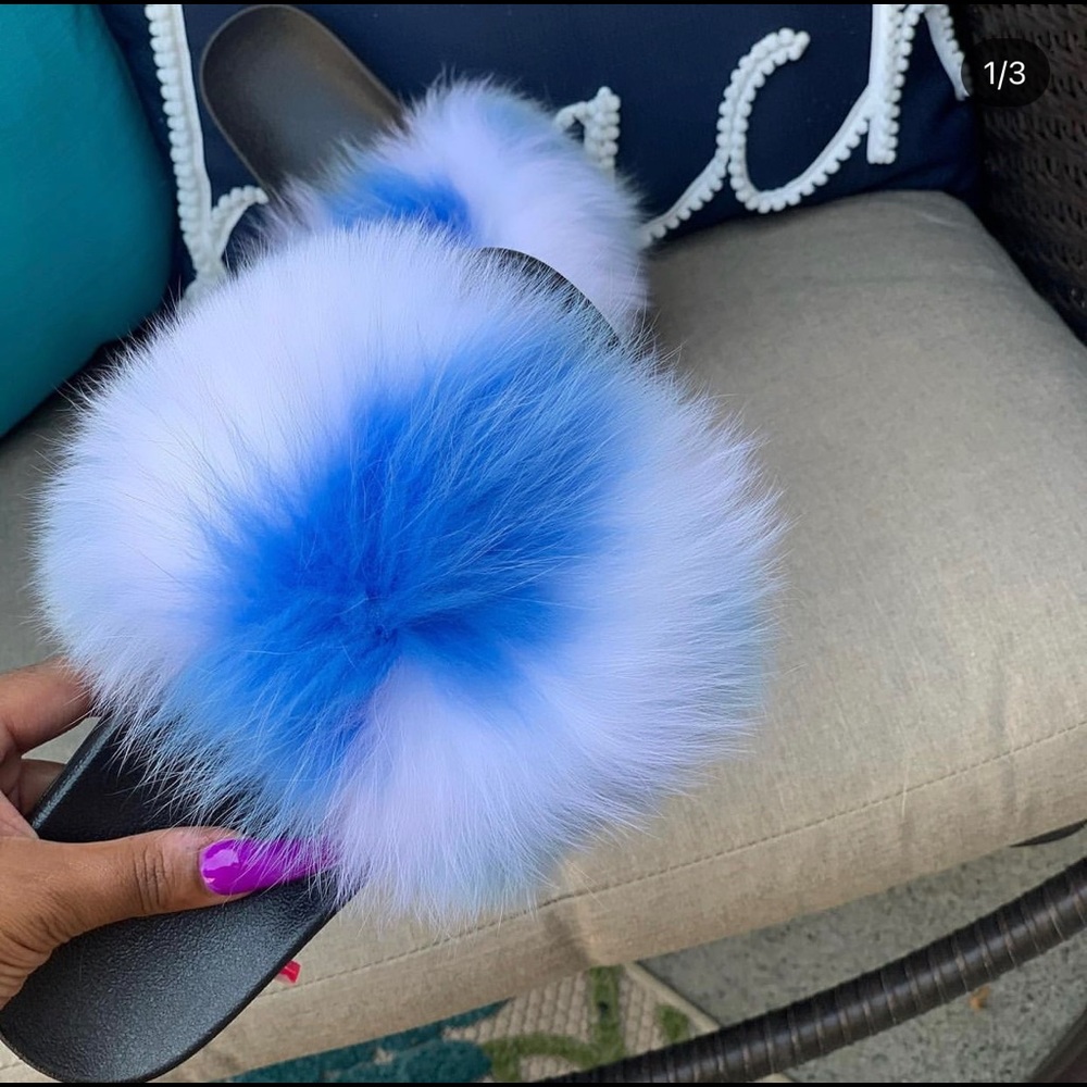 Blue Ice faux fur slides